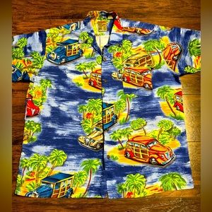 Pineapple Connection Aloha Hawaiian Shirt Size Large Blue Woodies Surf Wagon